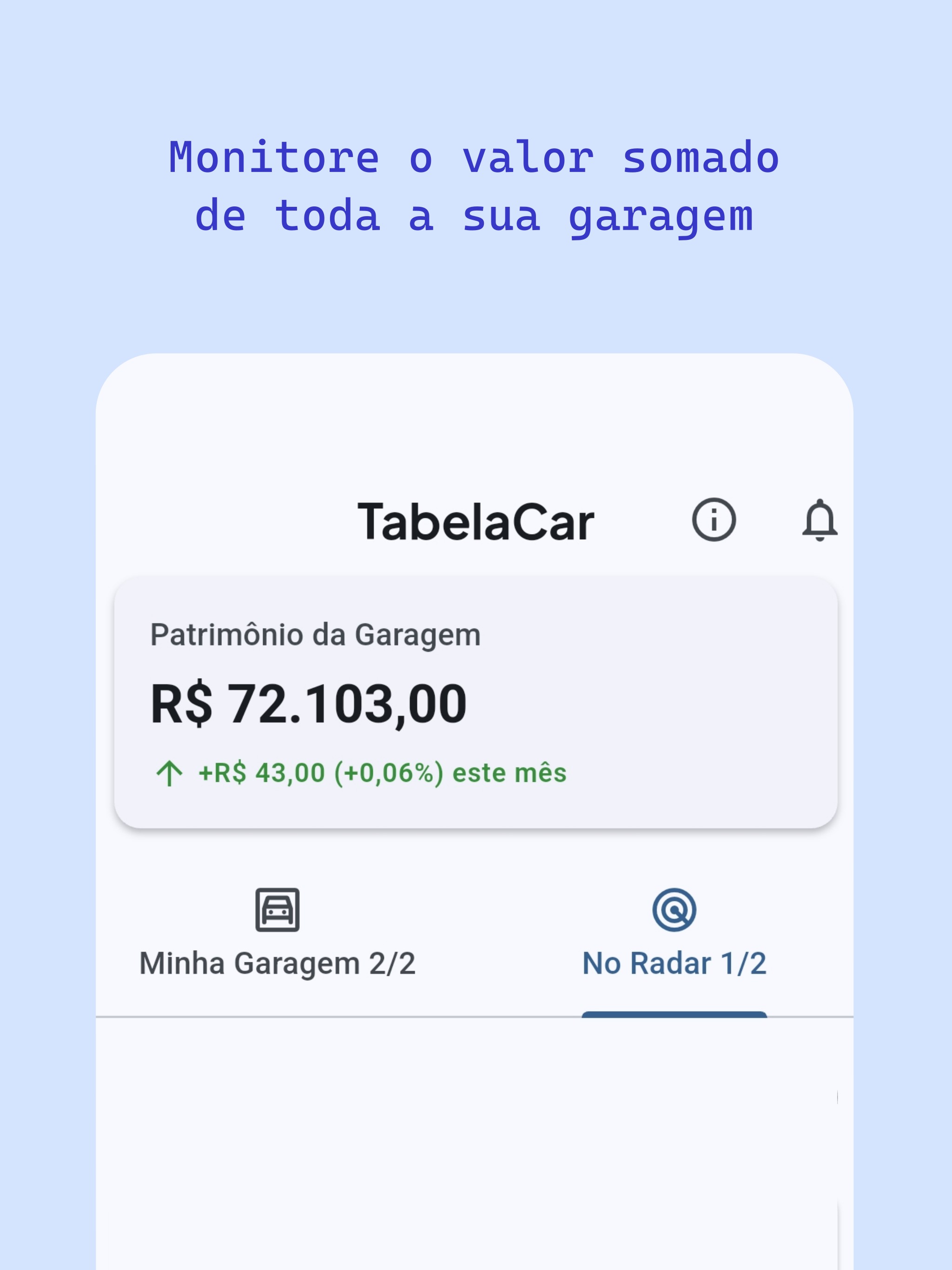Garagem virtual com o patrimônio total dos veículos cadastrados no TabelaCar