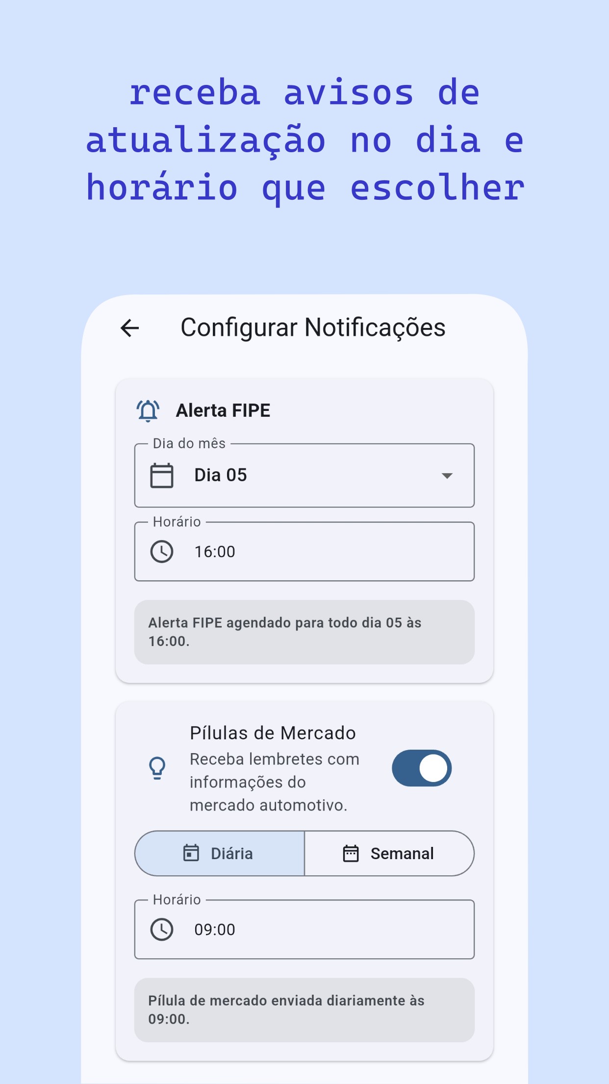 Configuração de dia e horário para alertas personalizados no TabelaCar